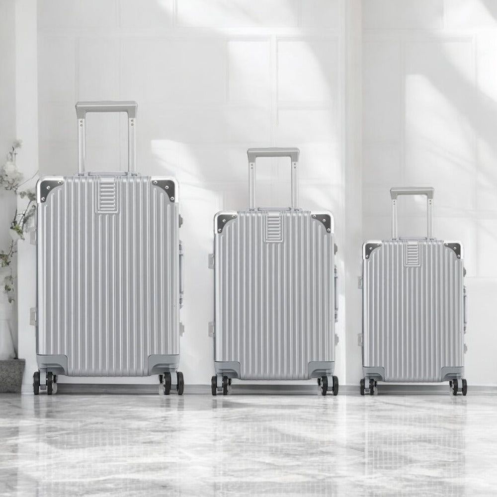 Aluminium Framed Hard Shell Without Zipper TSA Silver Luggage with Spinner Wheel | 3 Piece Set 20" 24" 28 Inches