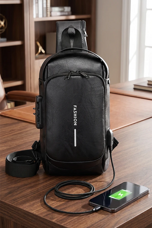 Anti Theft Shoulder Crossbody Backpack With USB Charging Port | Hiking PU Chest Bag