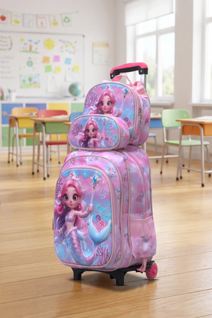 Aqua Queeny Wheeled 3 Pcs Set School Bag, Lightweight With Multiple Compartments And Adjustable Padded Straps