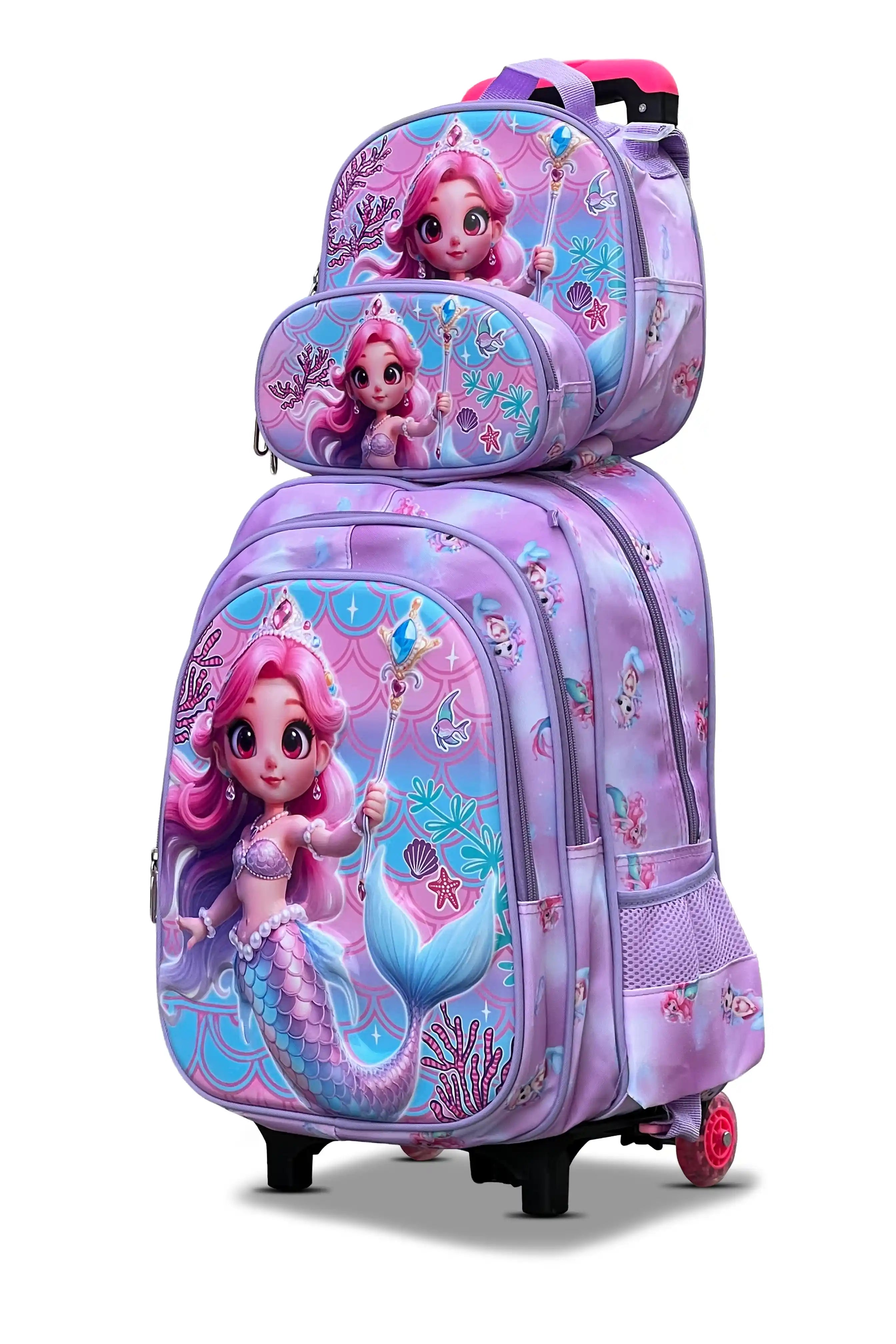 Aqua Queeny Wheeled 3 Pcs Set School Bag, Lightweight With Multiple Compartments And Adjustable Padded Straps