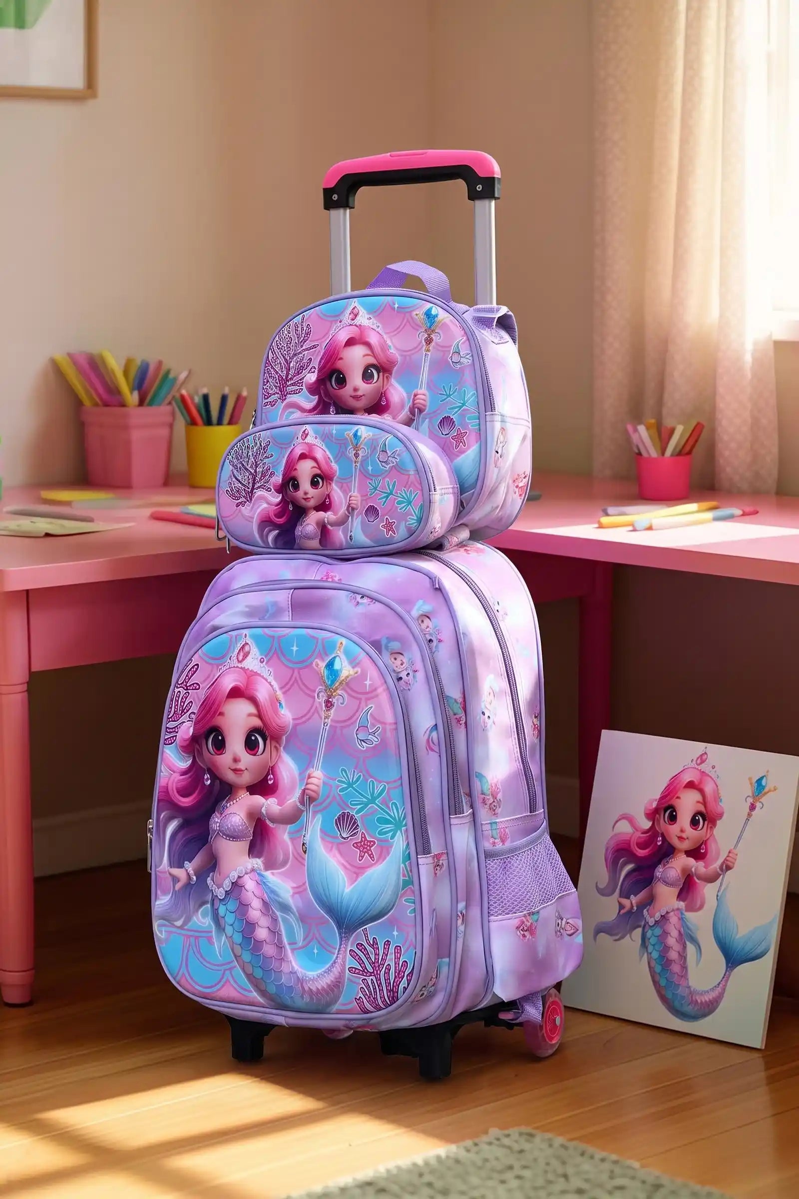 Aqua Queeny Wheeled 3 Pcs Set School Bag, Lightweight With Multiple Compartments And Adjustable Padded Straps