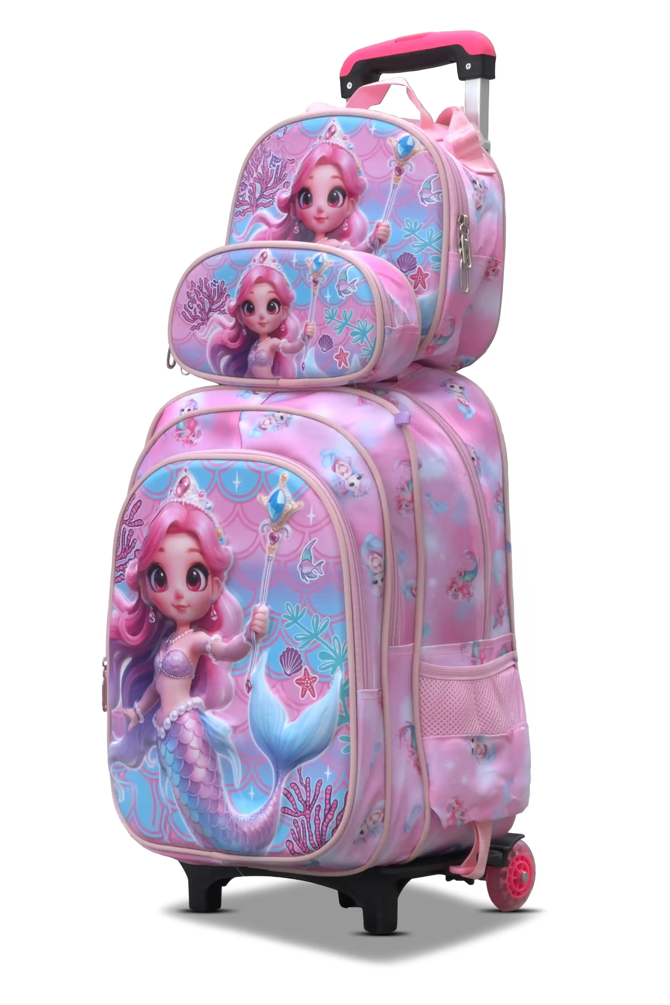 Aqua Queeny Wheeled 3 Pcs Set School Bag, Lightweight With Multiple Compartments And Adjustable Padded Straps