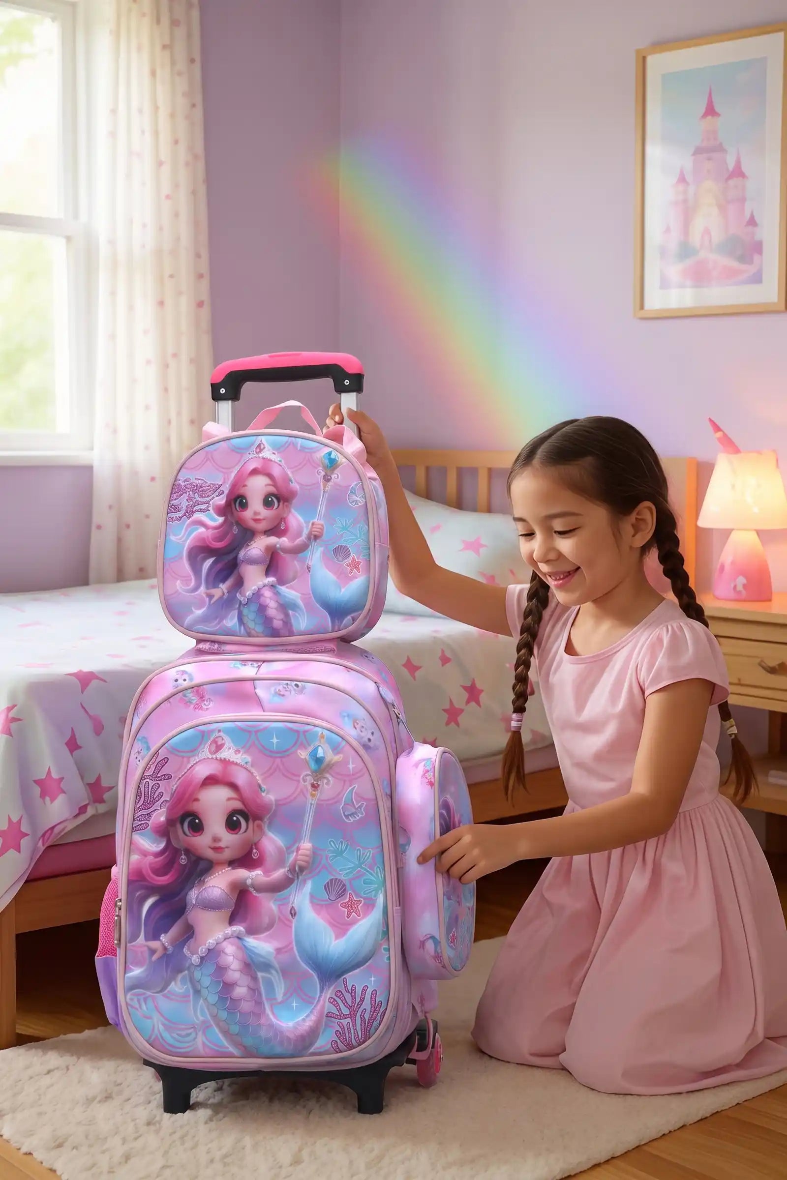 Aqua Queeny Wheeled 3 Pcs Set School Bag, Lightweight With Multiple Compartments And Adjustable Padded Straps
