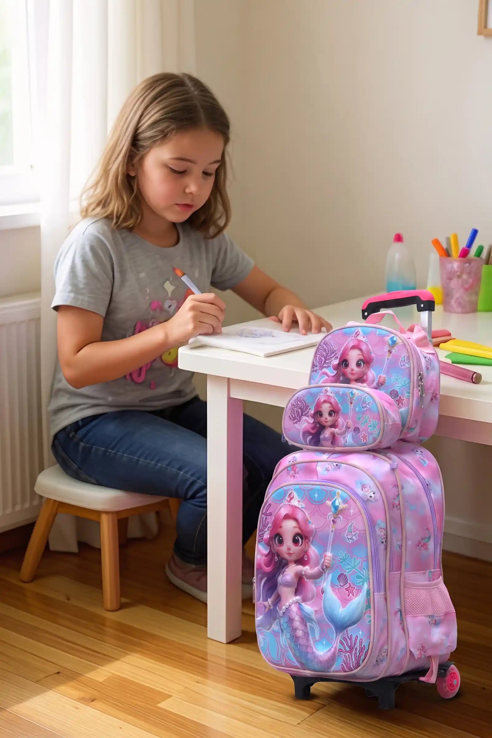 Aqua Queeny Wheeled 3 Pcs Set School Bag, Lightweight With Multiple Compartments And Adjustable Padded Straps