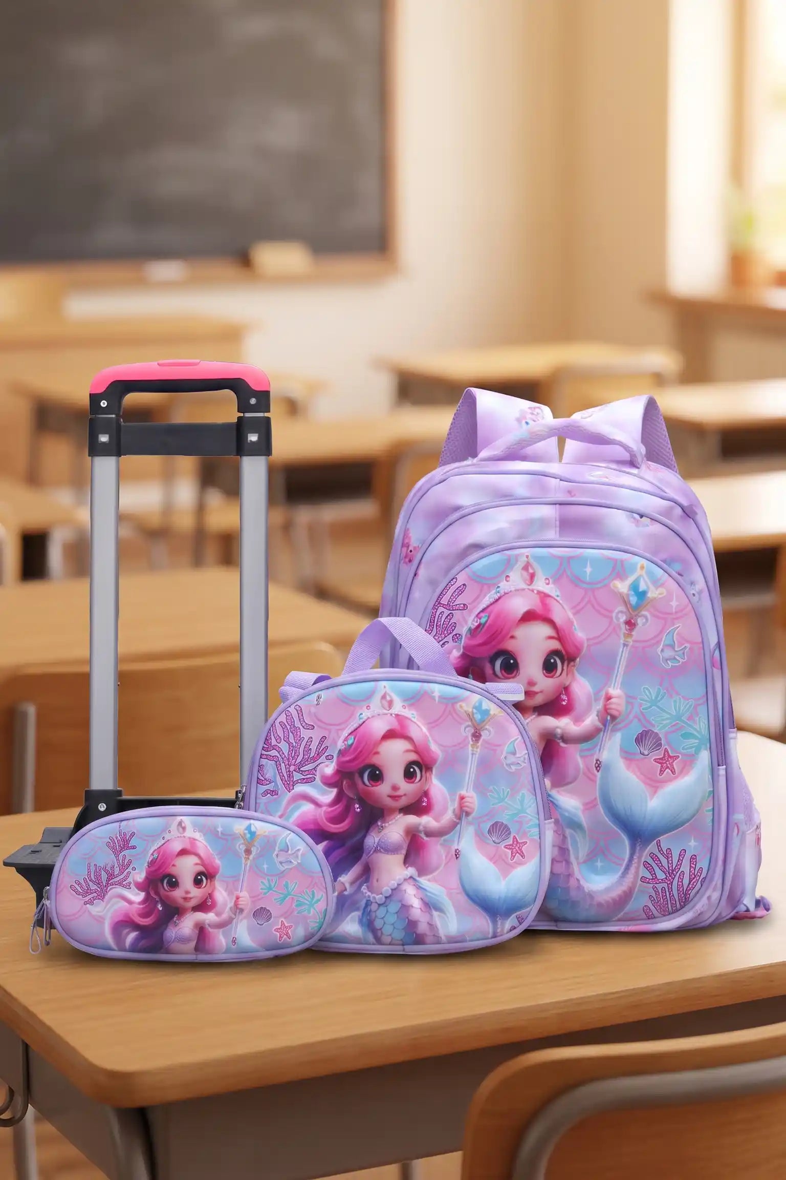 Aqua Queeny Wheeled 3 Pcs Set School Bag, Lightweight With Multiple Compartments And Adjustable Padded Straps