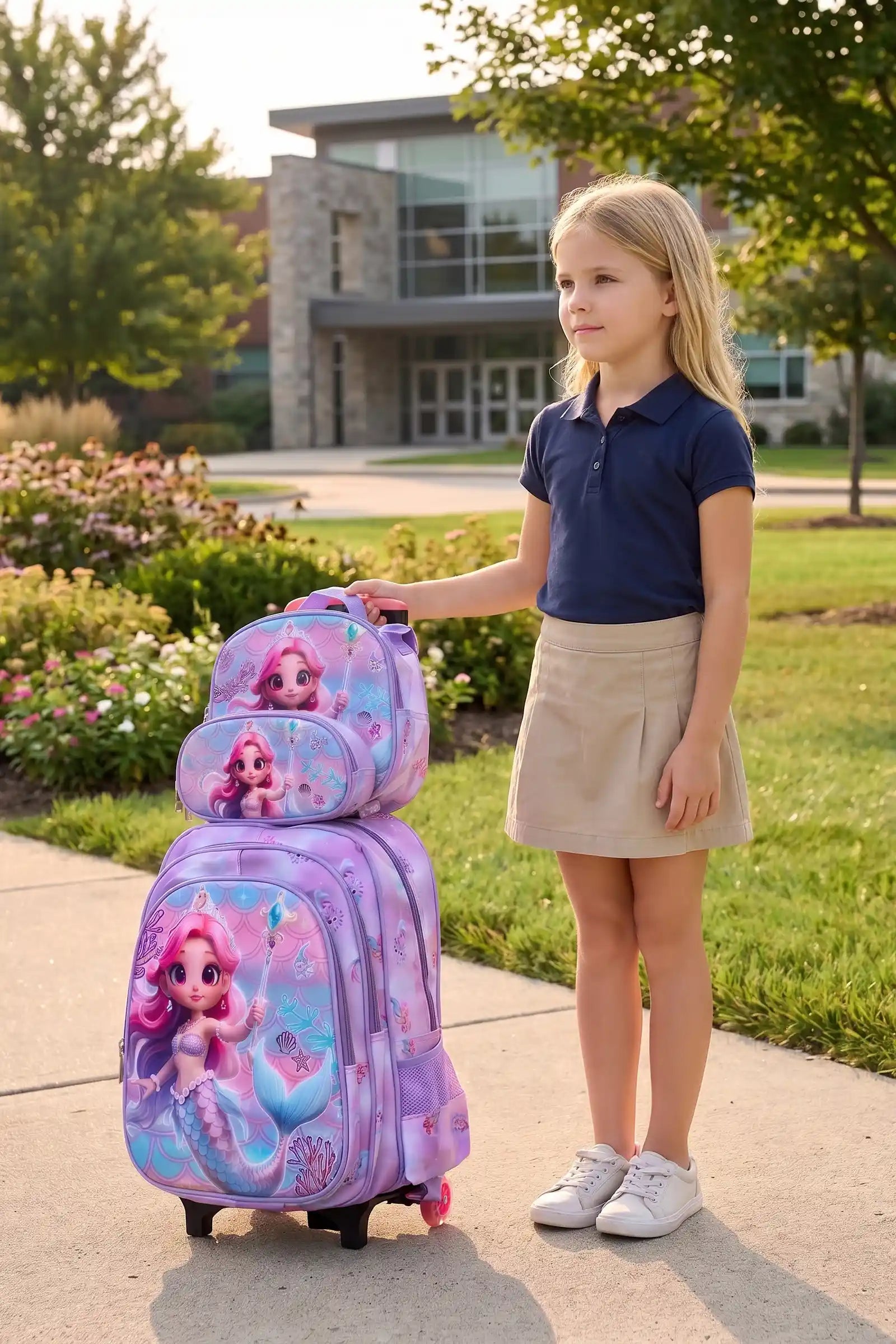 Aqua Queeny Wheeled 3 Pcs Set School Bag, Lightweight With Multiple Compartments And Adjustable Padded Straps