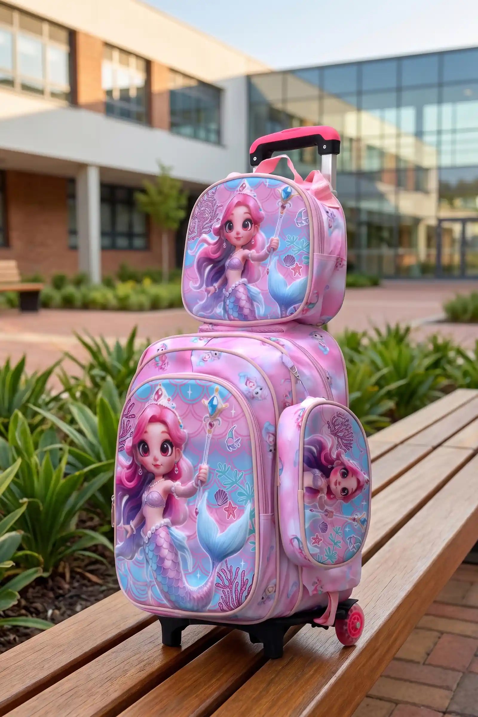 Aqua Queeny Wheeled 3 Pcs Set School Bag, Lightweight With Multiple Compartments And Adjustable Padded Straps