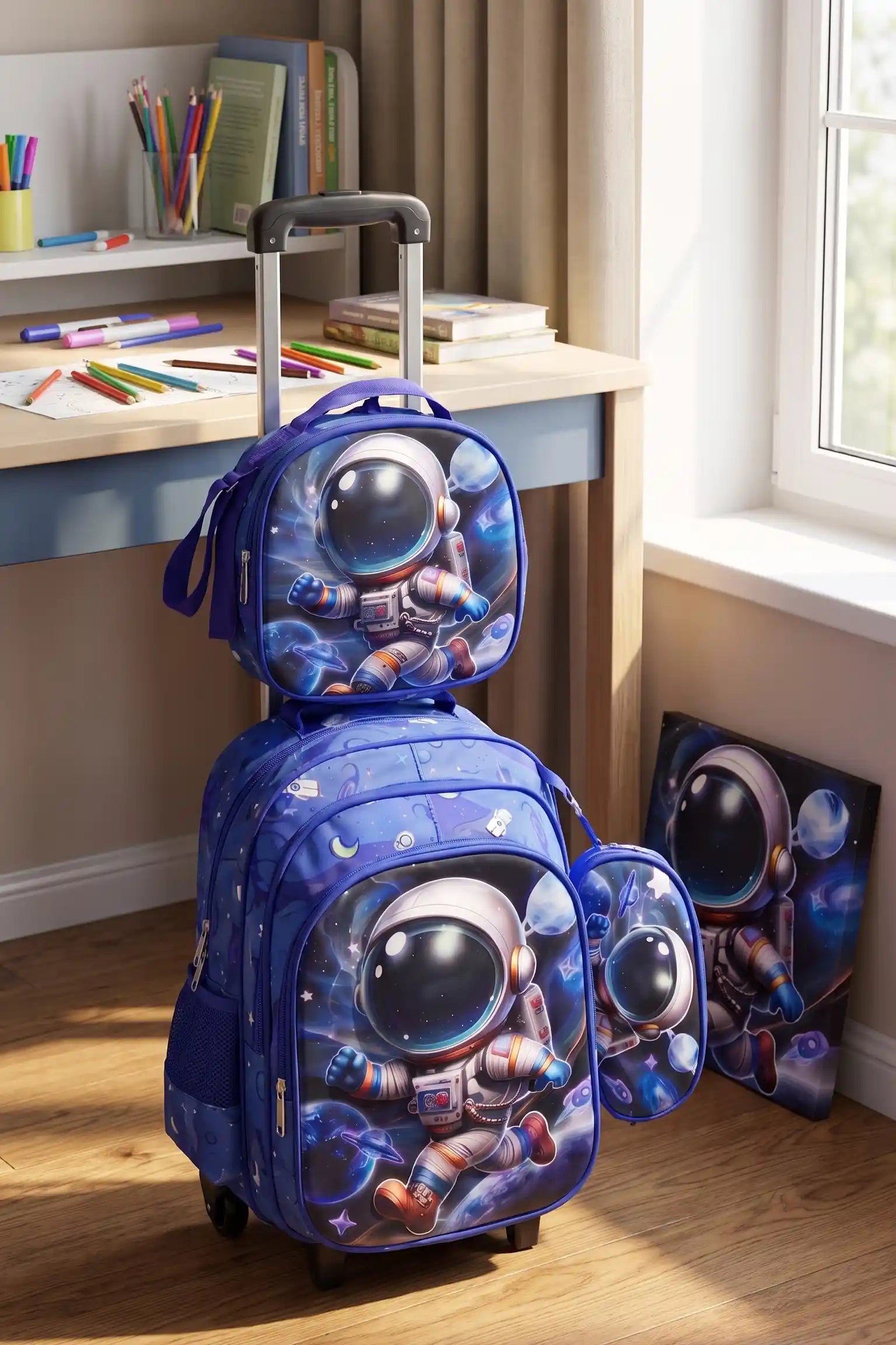 Astro Wheeled 3 Pcs Set School Bag, Lightweight With Multiple Compartments And Adjustable Padded Straps