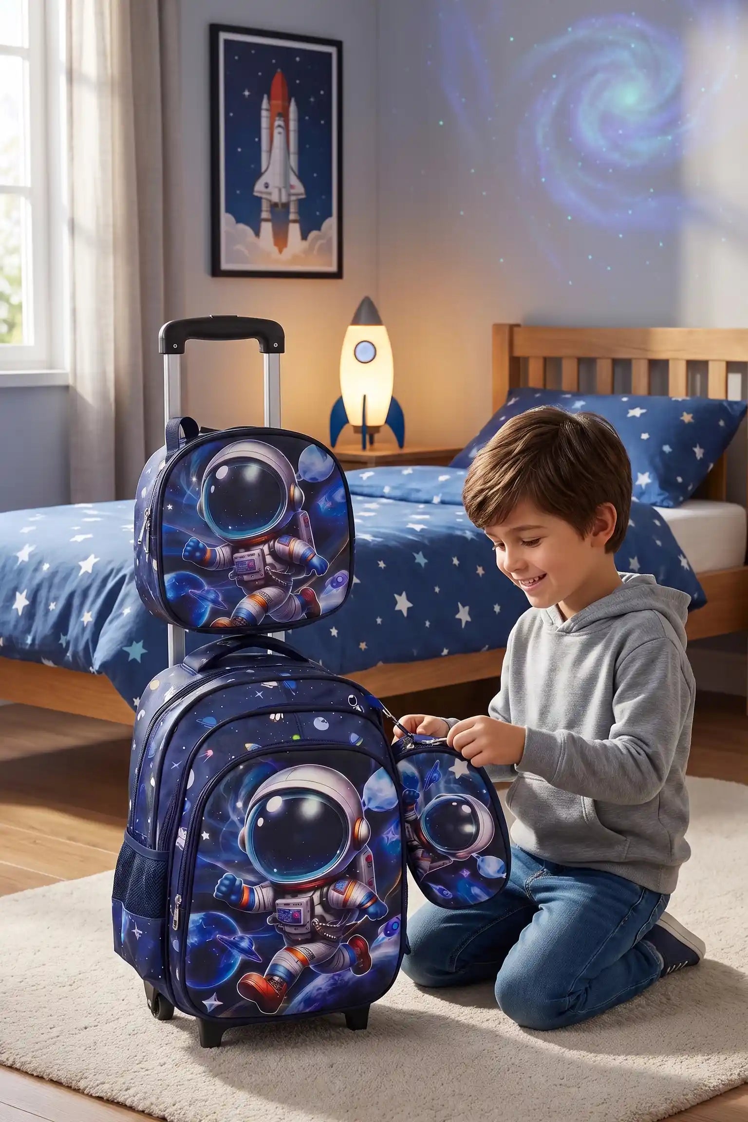 Astro Wheeled 3 Pcs Set School Bag, Lightweight With Multiple Compartments And Adjustable Padded Straps