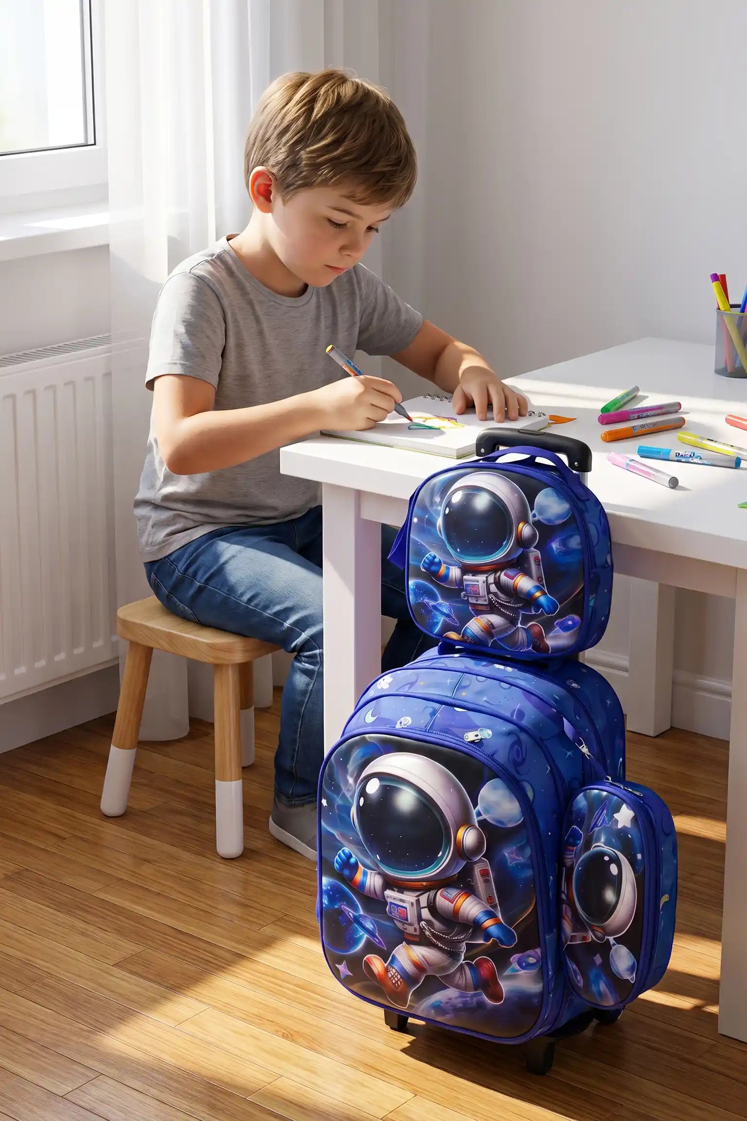 Astro Wheeled 3 Pcs Set School Bag, Lightweight With Multiple Compartments And Adjustable Padded Straps