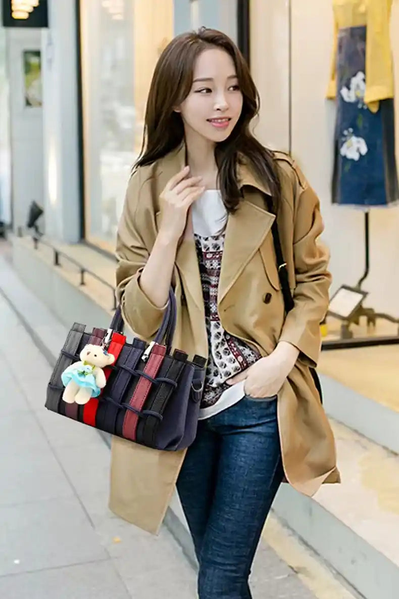 Stylish Ladies Bag, Bear Pendant Tote Shoulder Bag with Cute Teddy Charm