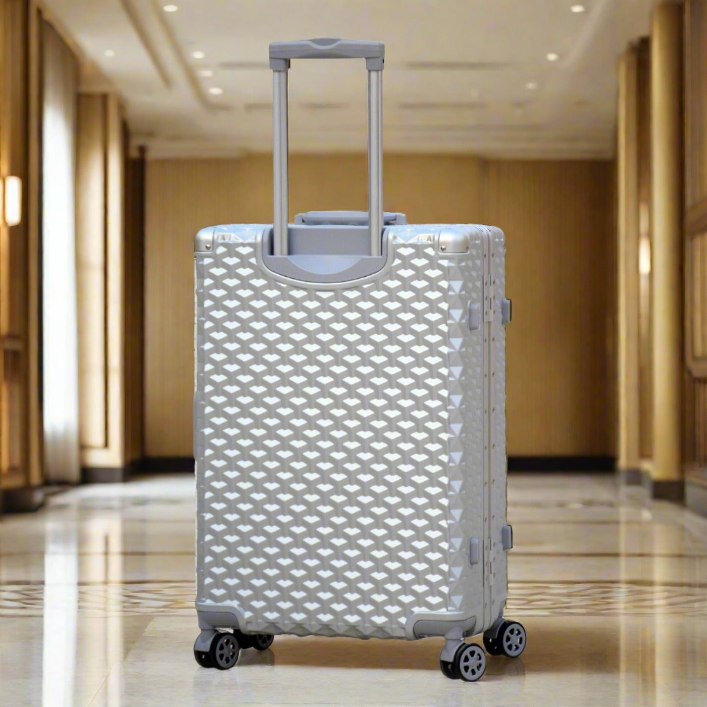 24" Silver Colour Aluminium Framed 3D Diamond Hard Shell Without Zipper TSA Luggage