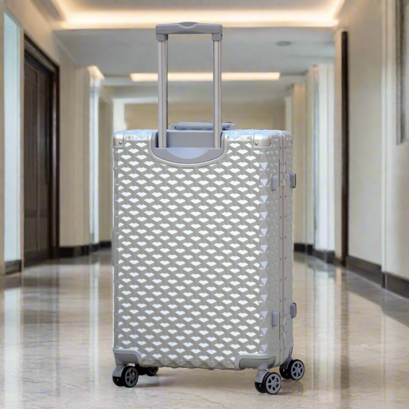 3 Piece Set 20" 24" 28 Inches Silver Aluminium Framed 3D Diamond Hard Shell without Zipper TSA Luggage