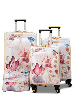 Butterfly Printed PU Leather Material Soft Shell Luggage Bag | 4 Pcs Set 7, 20, 24 and 28 inches