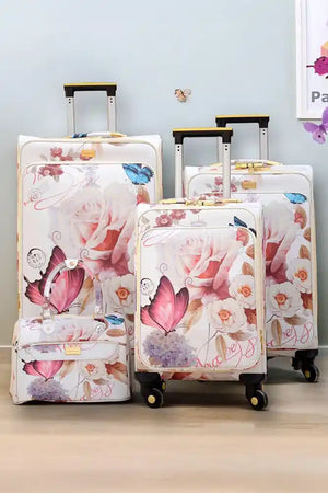 Butterfly Printed PU Leather Material Soft Shell Luggage Bag | 4 Pcs Set 7, 20, 24 and 28 inches