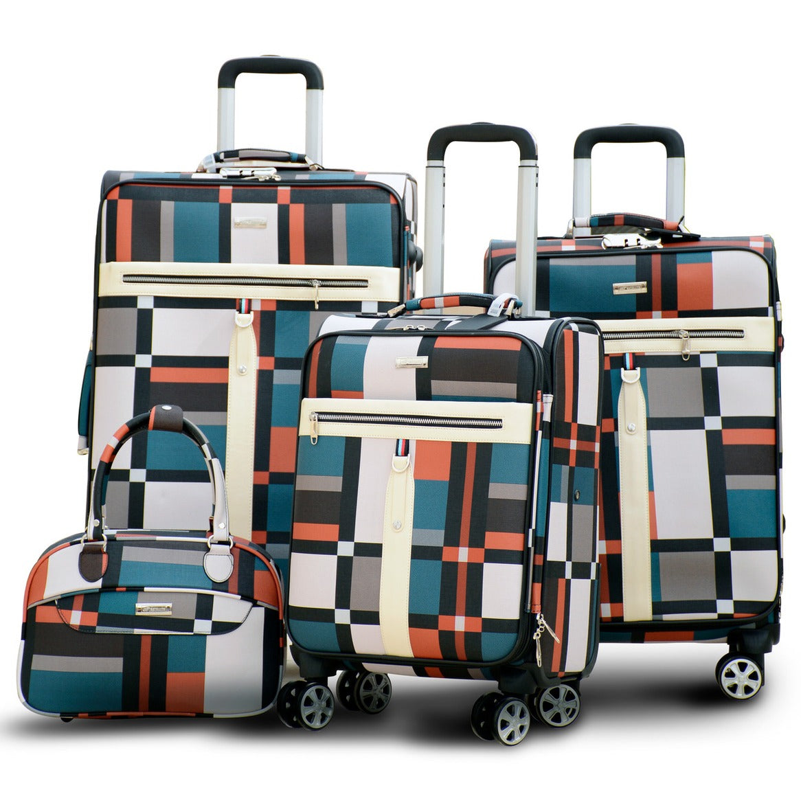 4 Piece Set 7" 20" 24" 28 Inches PU Check Type Luggage Lightweight Spinner Wheel Trolley Bag