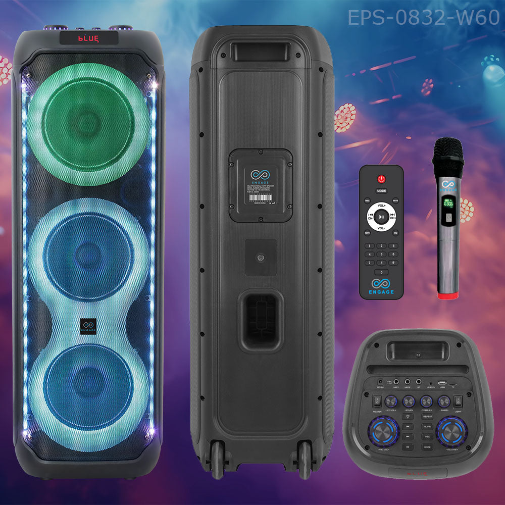 Engage High-Power Party Speakers EPS-1022, EPS-1222, EPS-1522 | 60W, 80W, 100W, 120W Audio Systems | Bluetooth, LED Lights, Wireless Mic & FM Radio