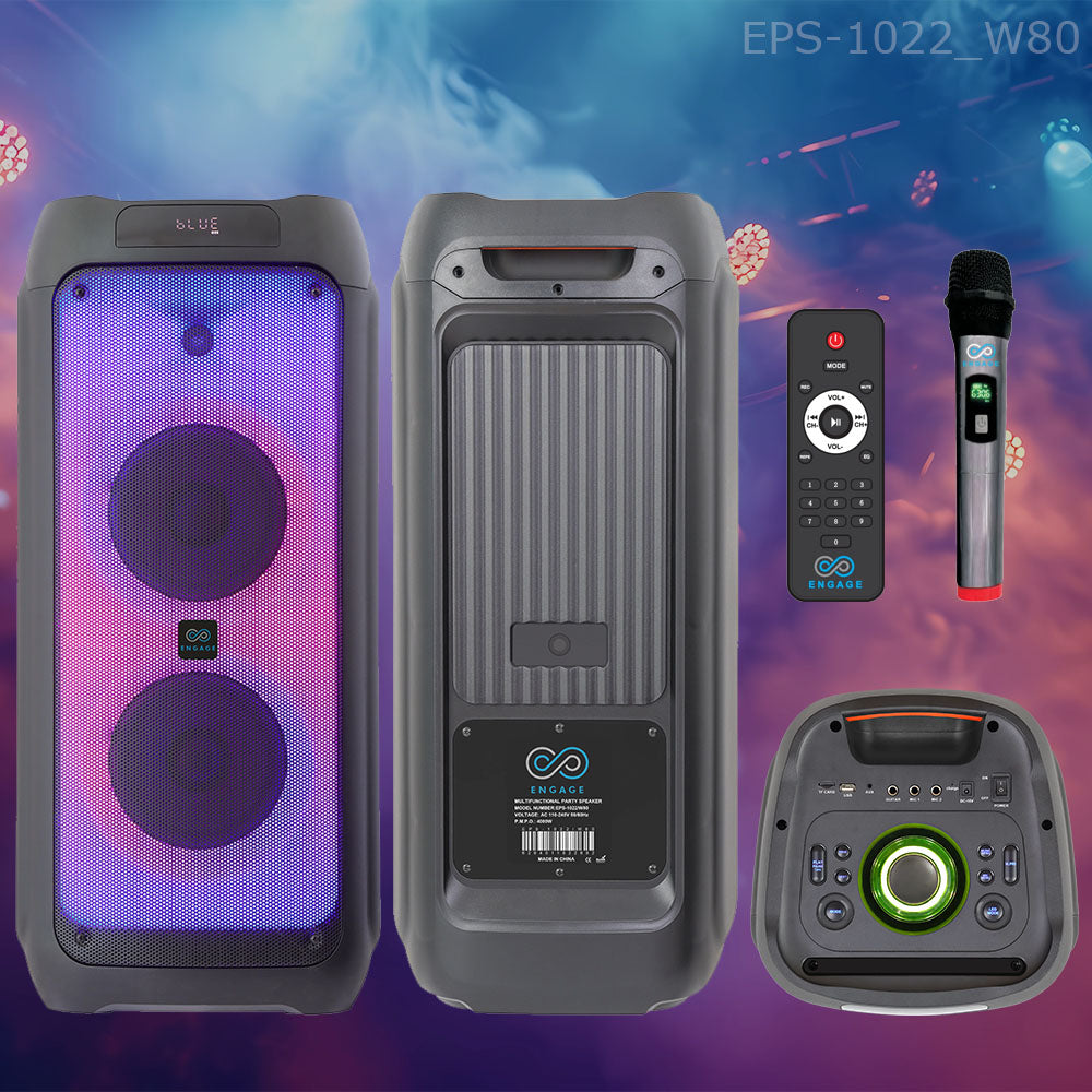 Engage High-Power Party Speakers EPS-1022, EPS-1222, EPS-1522 | 60W, 80W, 100W, 120W Audio Systems | Bluetooth, LED Lights, Wireless Mic & FM Radio