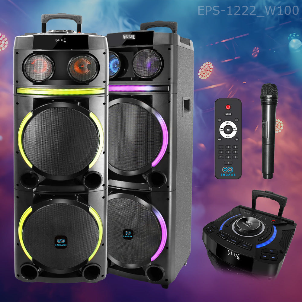 Engage High-Power Party Speakers EPS-1022, EPS-1222, EPS-1522 | 60W, 80W, 100W, 120W Audio Systems | Bluetooth, LED Lights, Wireless Mic & FM Radio