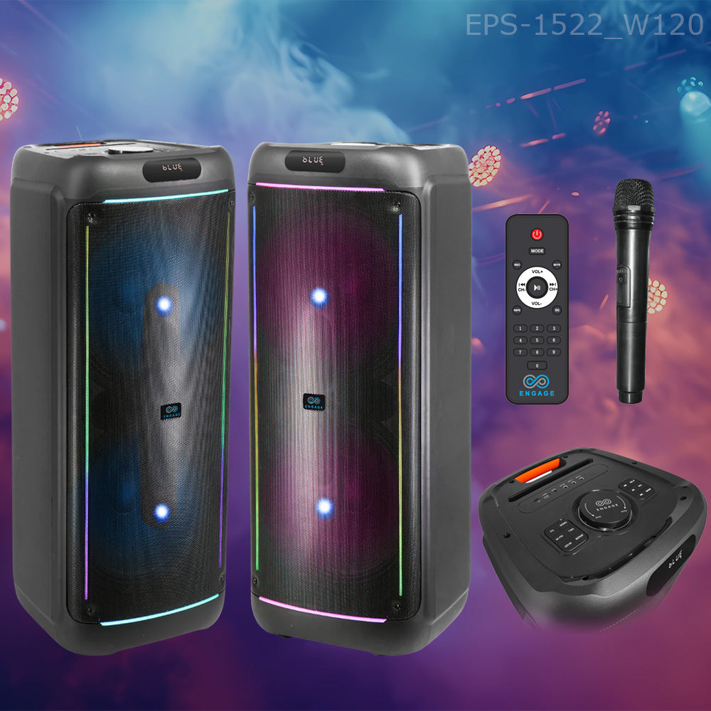 Engage High-Power Party Speakers EPS-1022, EPS-1222, EPS-1522 | 60W, 80W, 100W, 120W Audio Systems | Bluetooth, LED Lights, Wireless Mic & FM Radio