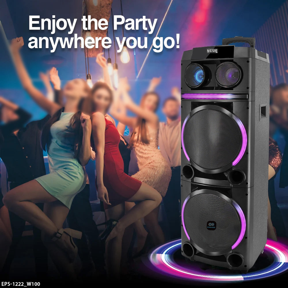 Engage High-Power Party Speakers EPS-1022, EPS-1222, EPS-1522 | 60W, 80W, 100W, 120W Audio Systems | Bluetooth, LED Lights, Wireless Mic & FM Radio