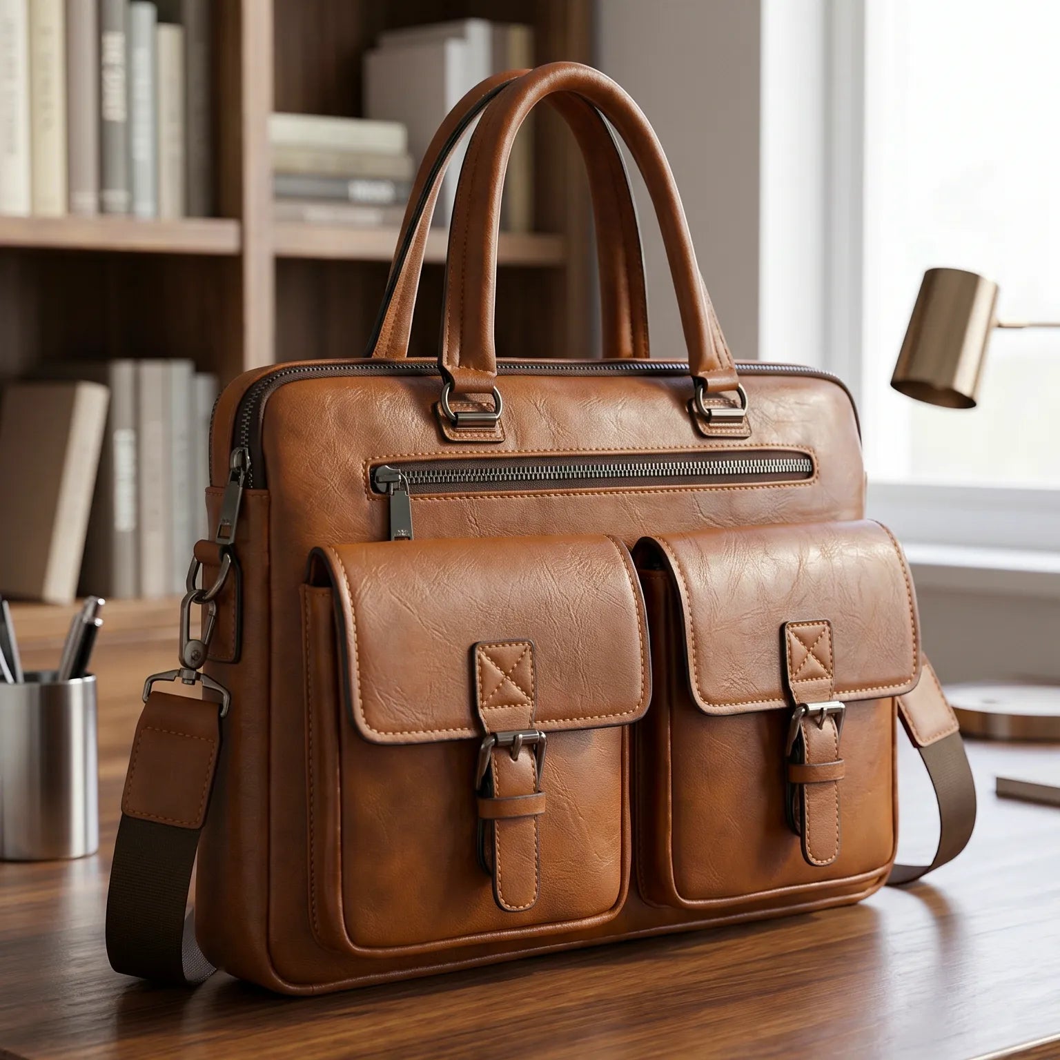 Fashion Men's Laptop Briefcase Leather Handbag | Double Pocket Business Bag