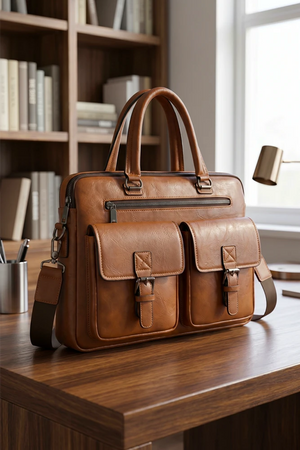 Fashion Men's Laptop Briefcase Leather Handbag | Double Pocket Business Bag