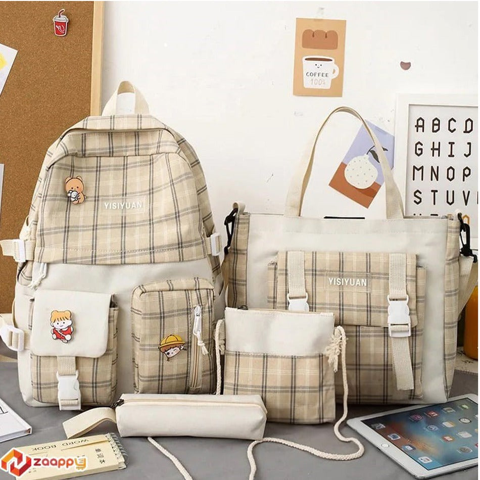 Check Type Beige Fashion Kids Bag With 3 Piece Backpack Combo Set Zaappy