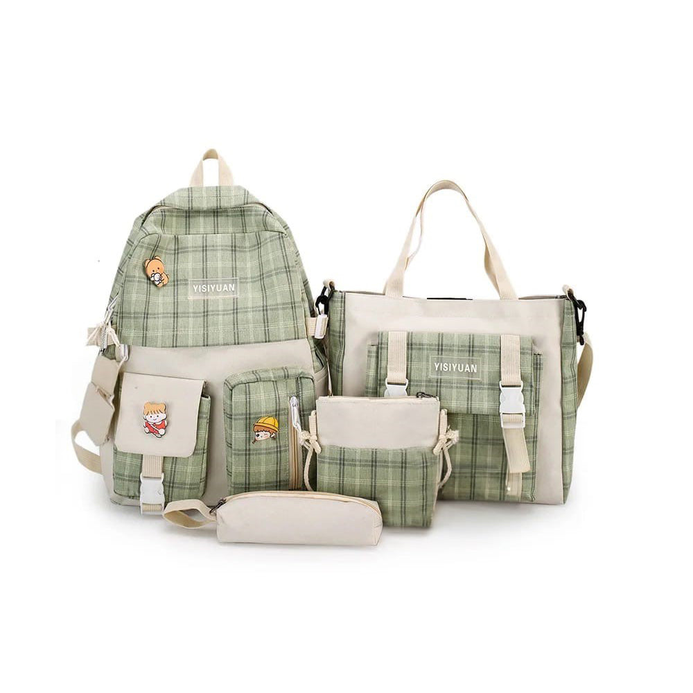 Check Type Green Fashion Kids Bag with 4 Piece Backpack Combo Set