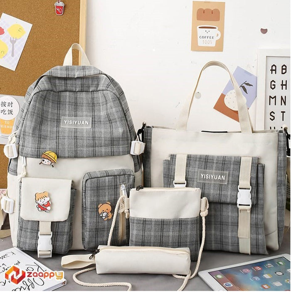 Check Type Grey Fashion Kids Bag with 4 Piece Backpack Combo Set Zaappy.com