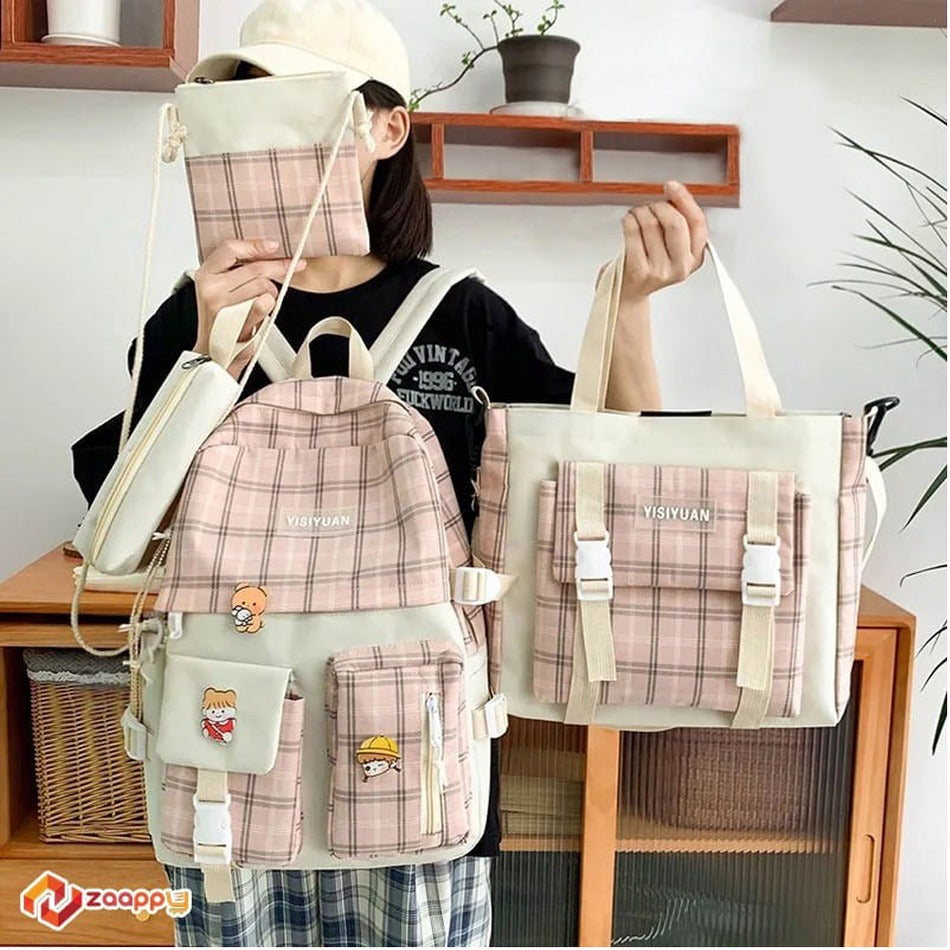 Check Type Peach Fashion Kids Bag with 3 Piece Backpack Combo Set Zaappy.com