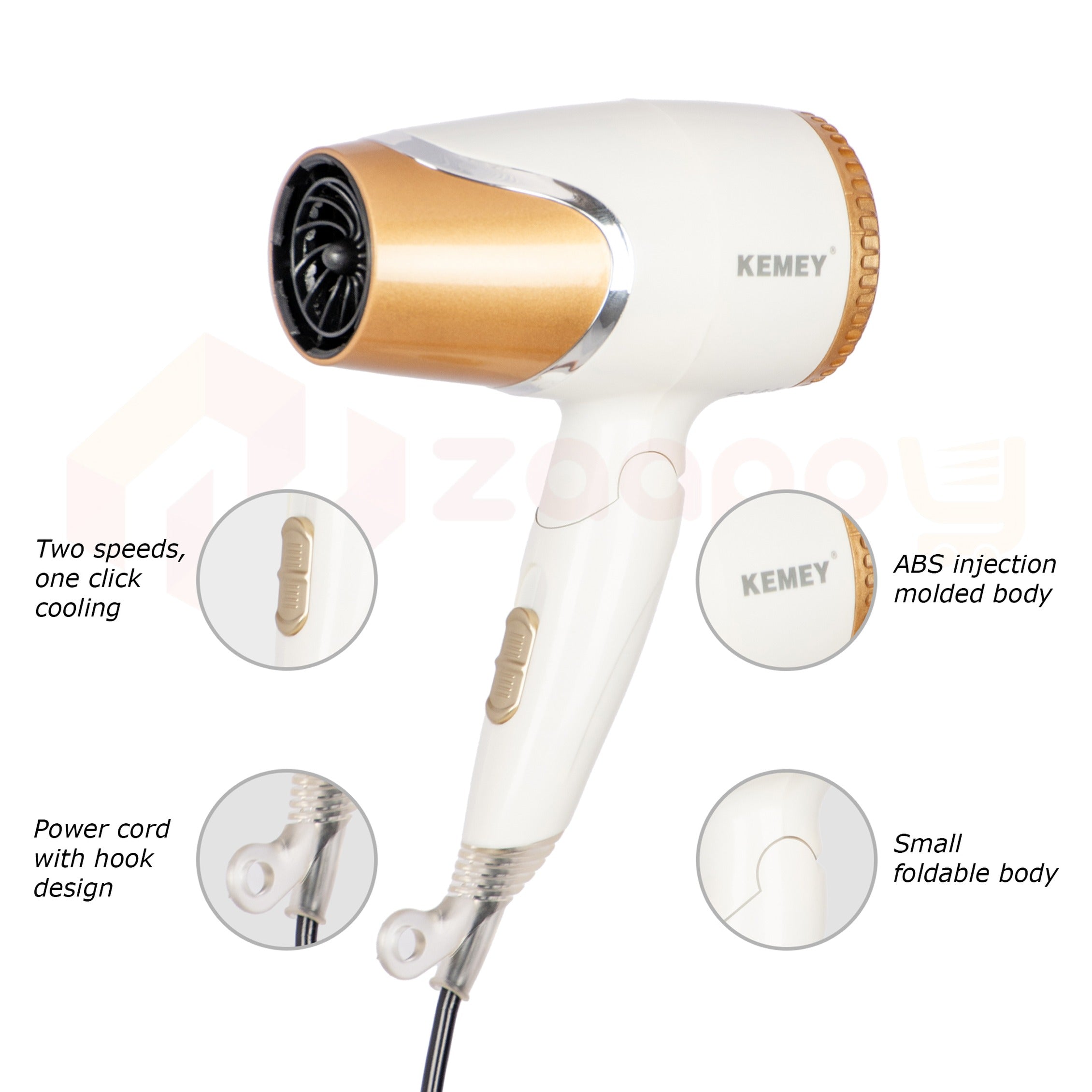 KEMEY KM-6832 Electric Foldable Travel Hair Dryer with 2 Speed Control