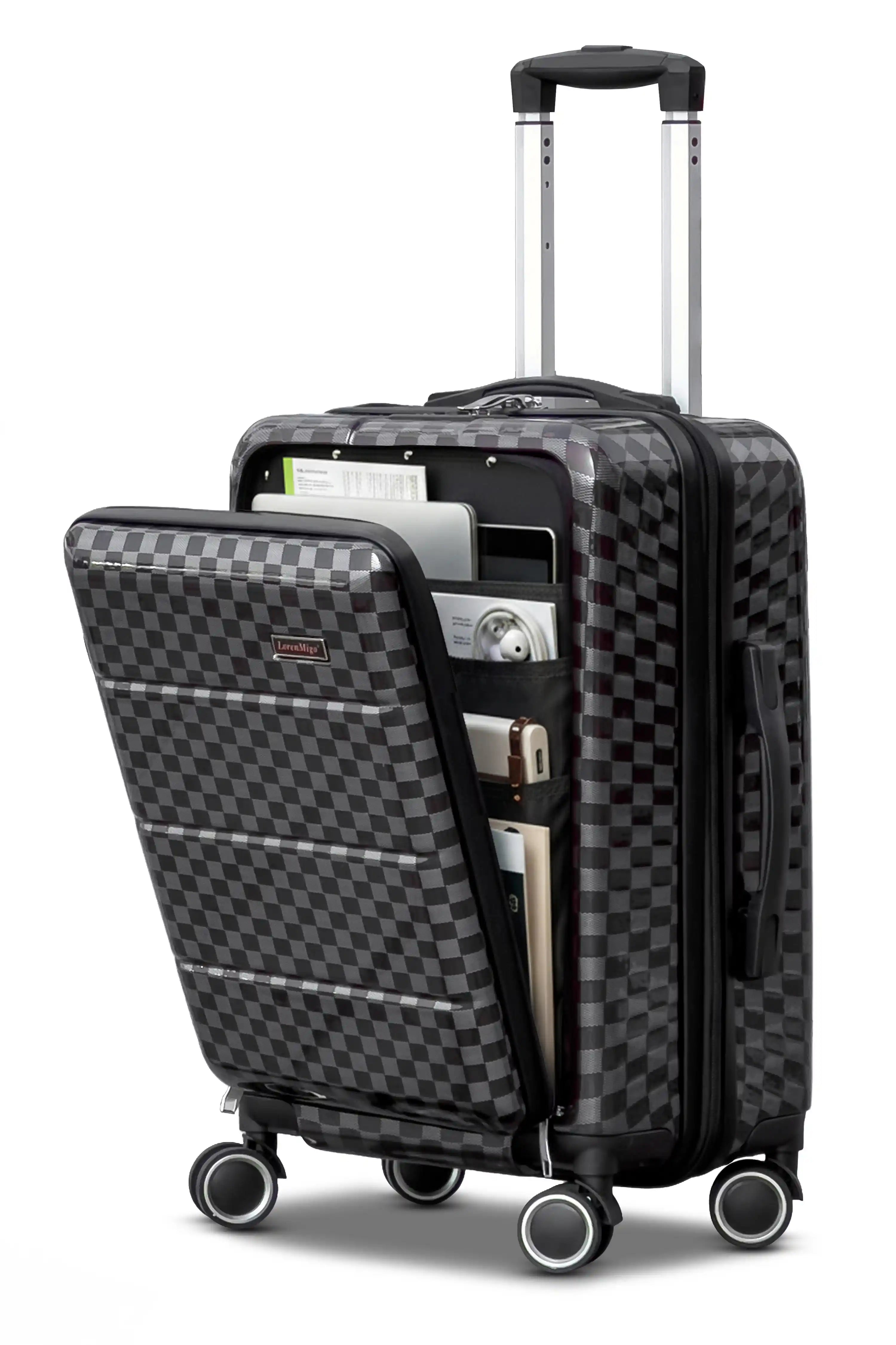 Front Opening Hard Shell Carry On Luggage, Laptop Compartment with Secured TSA Locks, Checkered Pattern