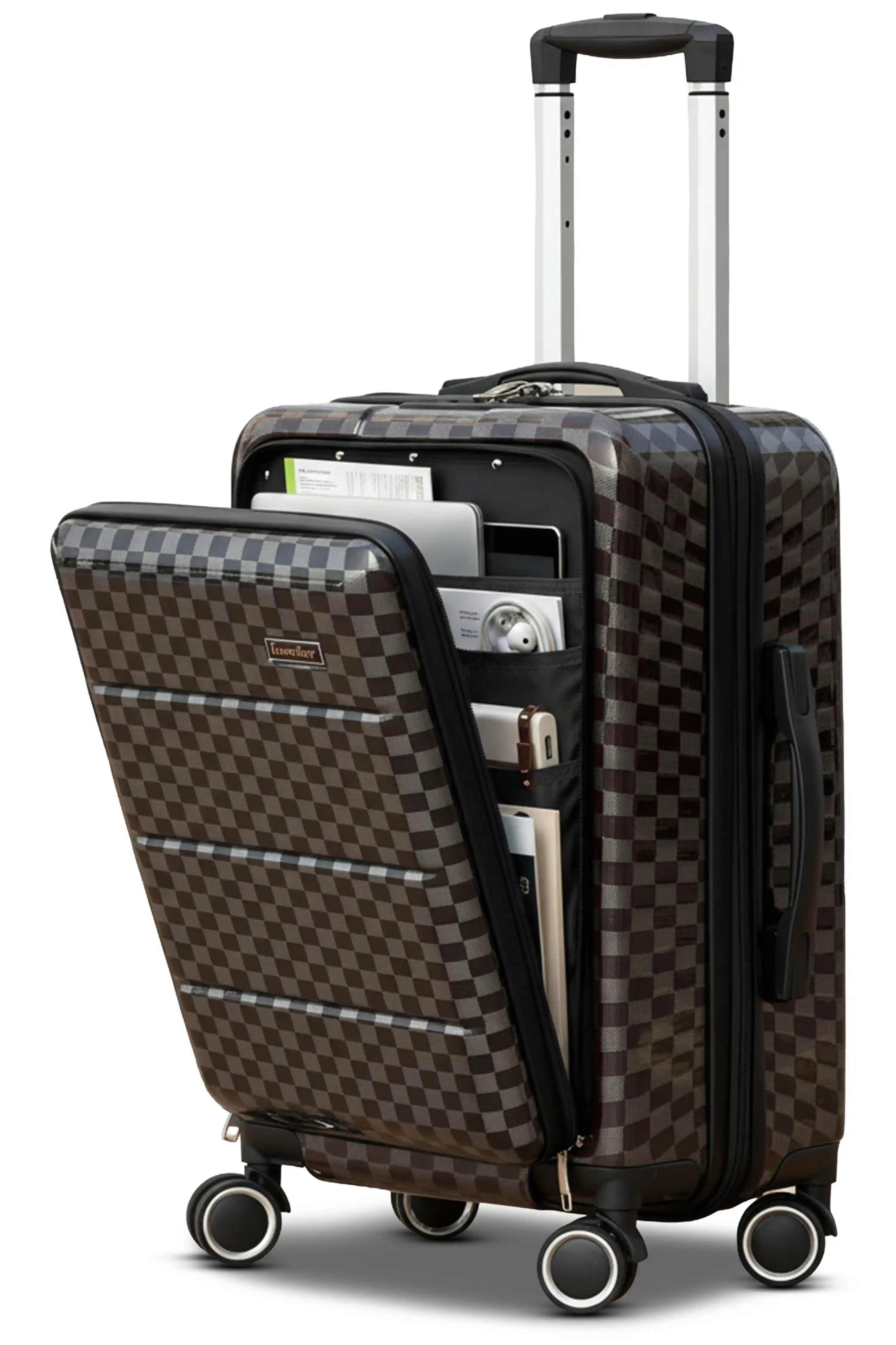Front Opening Hard Shell Carry On Luggage, Laptop Compartment with Secured TSA Locks, Checkered Pattern