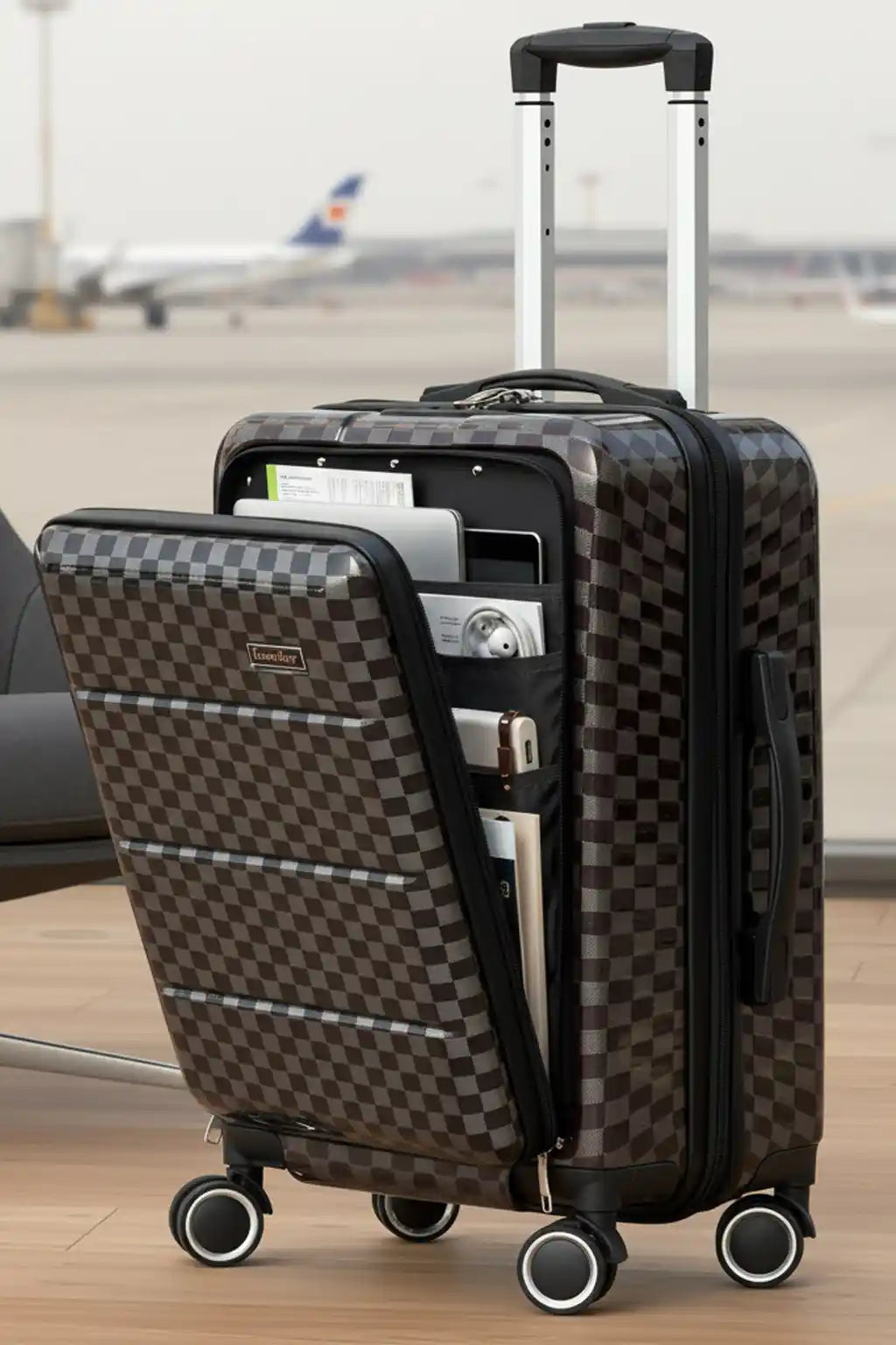 Front Opening Hard Shell Carry On Luggage, Laptop Compartment with Secured TSA Locks, Checkered Pattern