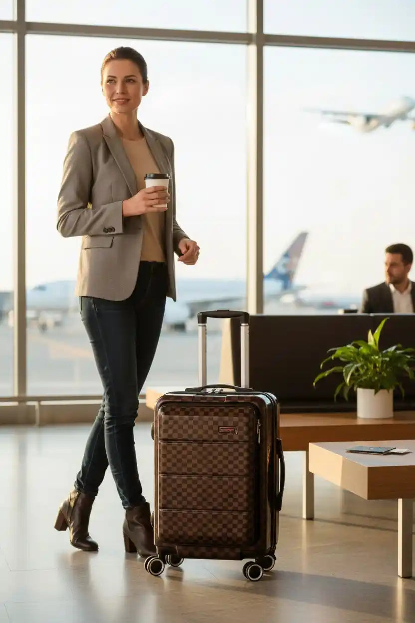 Front Opening Hard Shell Carry On Luggage, Laptop Compartment with Secured TSA Locks, Checkered Pattern