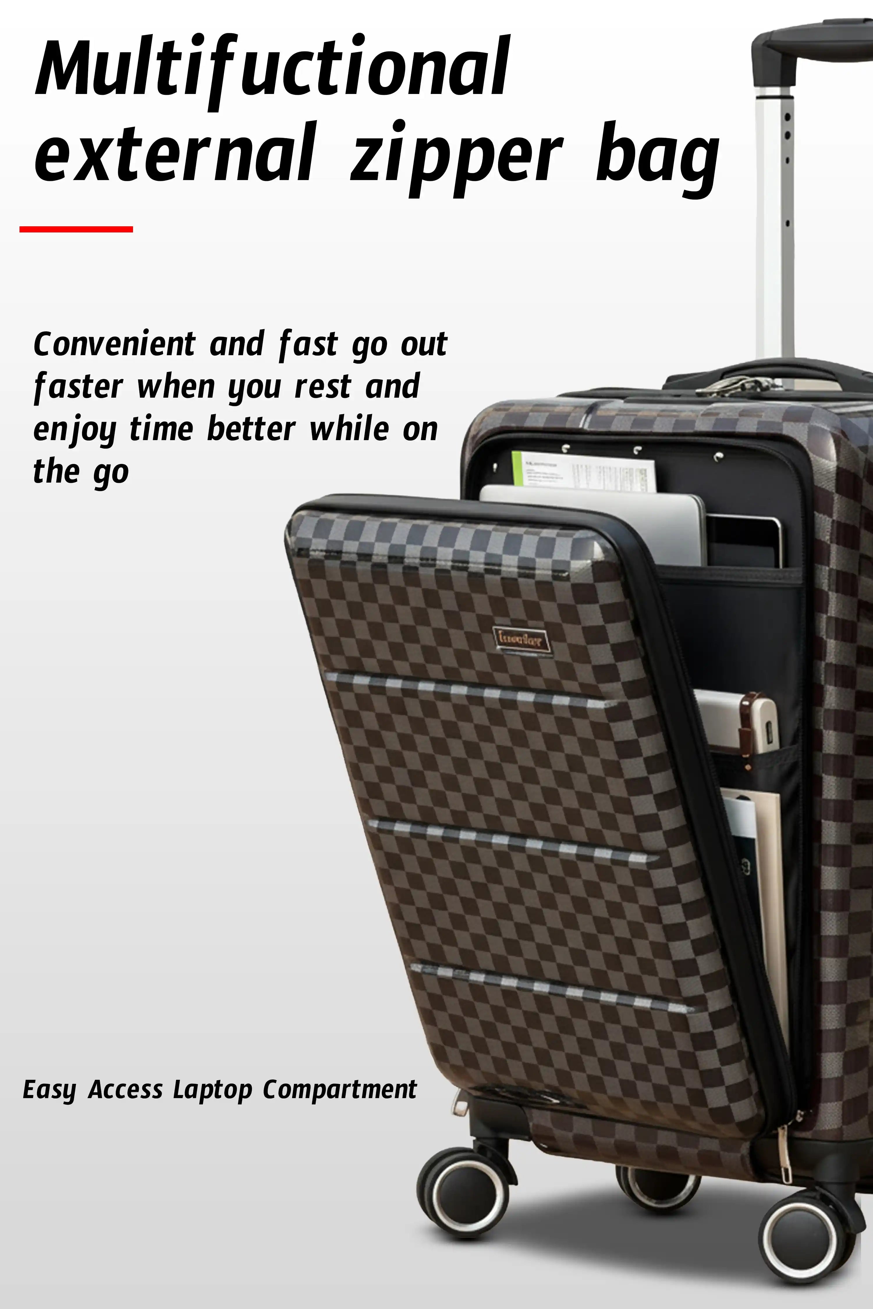 Front Opening Hard Shell Carry On Luggage, Laptop Compartment with Secured TSA Locks, Checkered Pattern