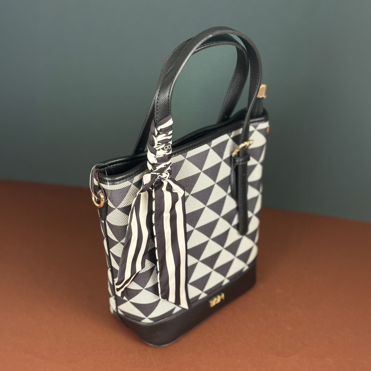 Geometric Printed Handbag For Women | Top Handle Shoulder Tote Bag With Scarf