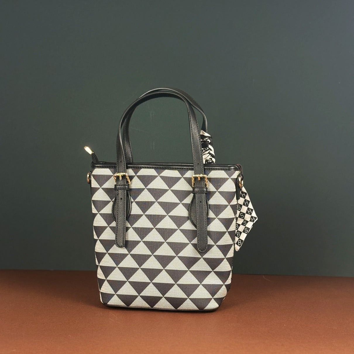 Geometric Printed Handbag For Women | Top Handle Shoulder Tote Bag With Scarf