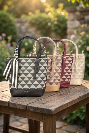 Geometric Printed Handbag For Women | Top Handle Shoulder Tote Bag With Scarf