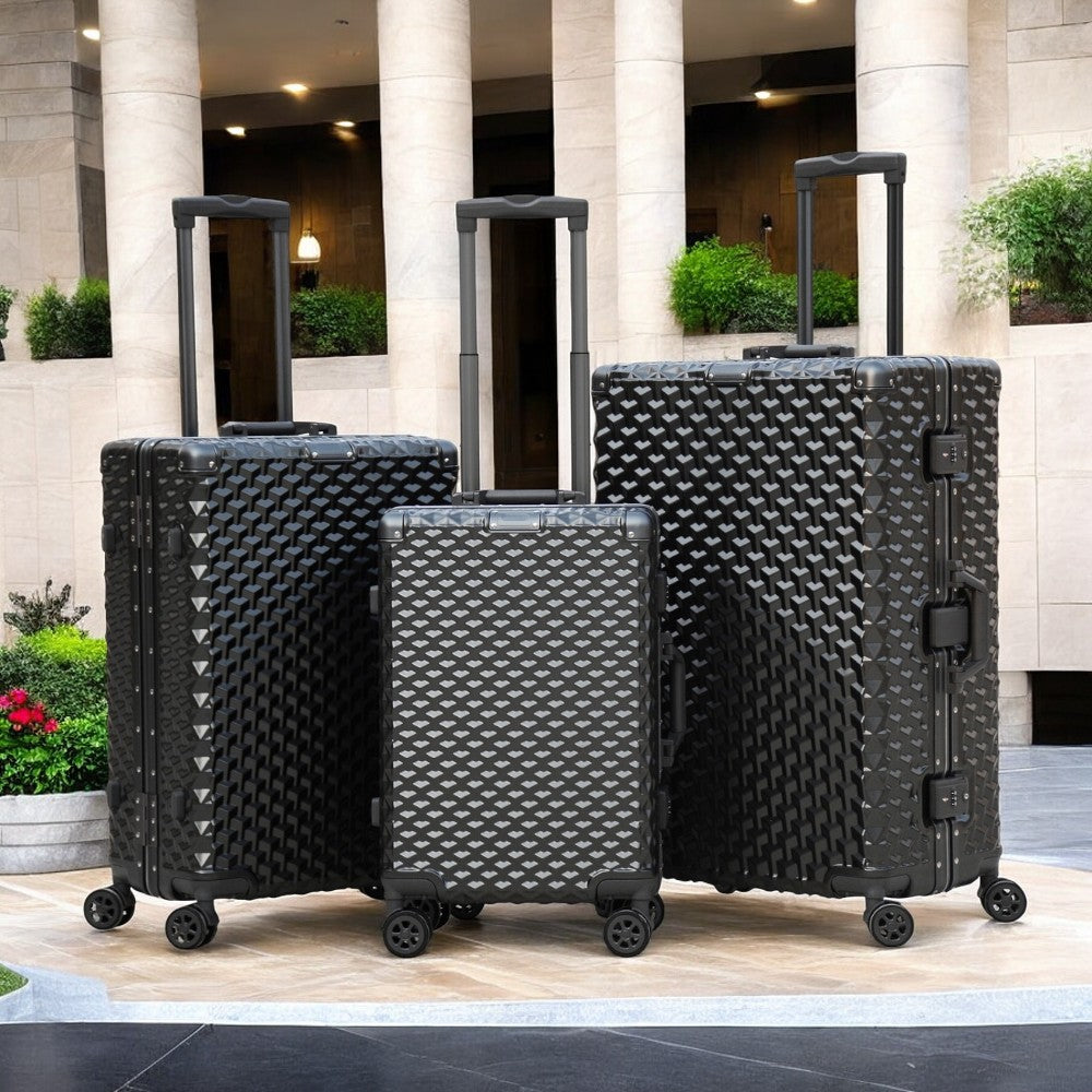 3 Piece Set 20" 24" 28 Inches Grey Aluminium Framed 3D Diamond Hard Shell Without Zipper TSA Luggage Bag