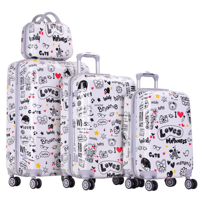 4 Pcs Full Set ABS Printed White 4 Wheel Spinner wheel Luggage | Lovely Trolley White