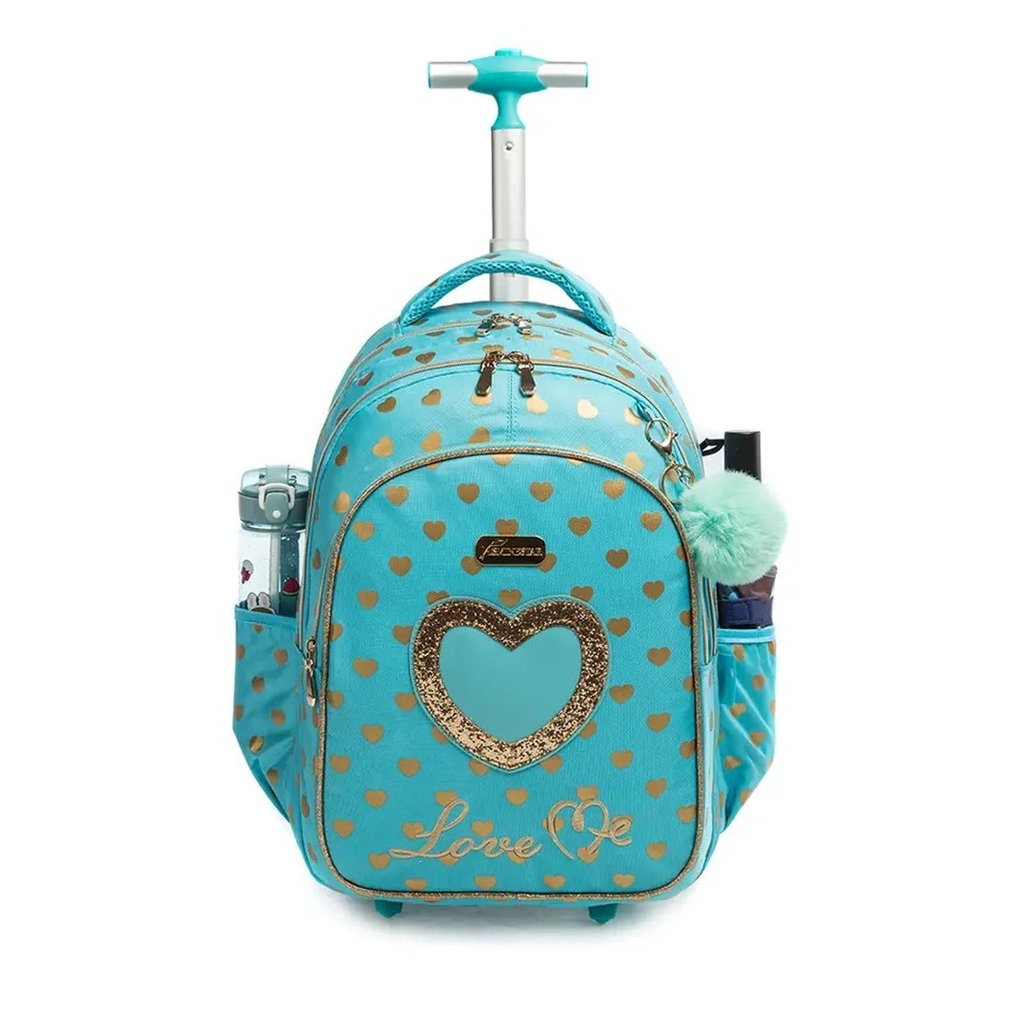 Printed Lightweight Love me Kids Rolling Backpack with School Pouch Combo Set