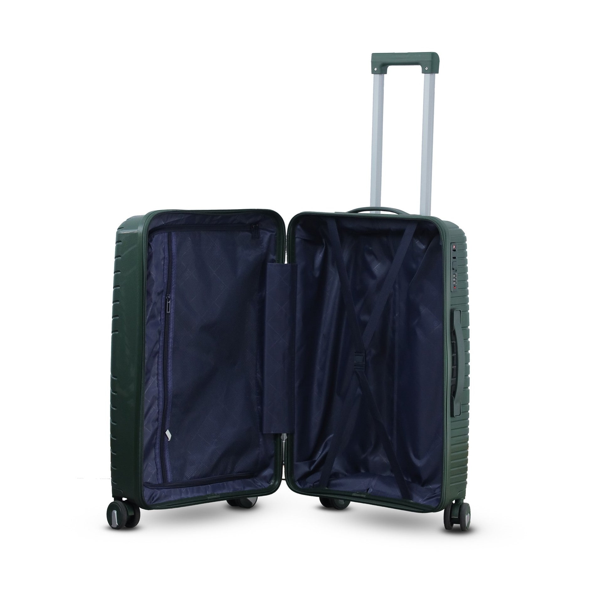 3 Piece Set 20" 24" 28 Inches Dark Green Crossline PP Unbreakable Luggage Bag With Double Spinner Wheel