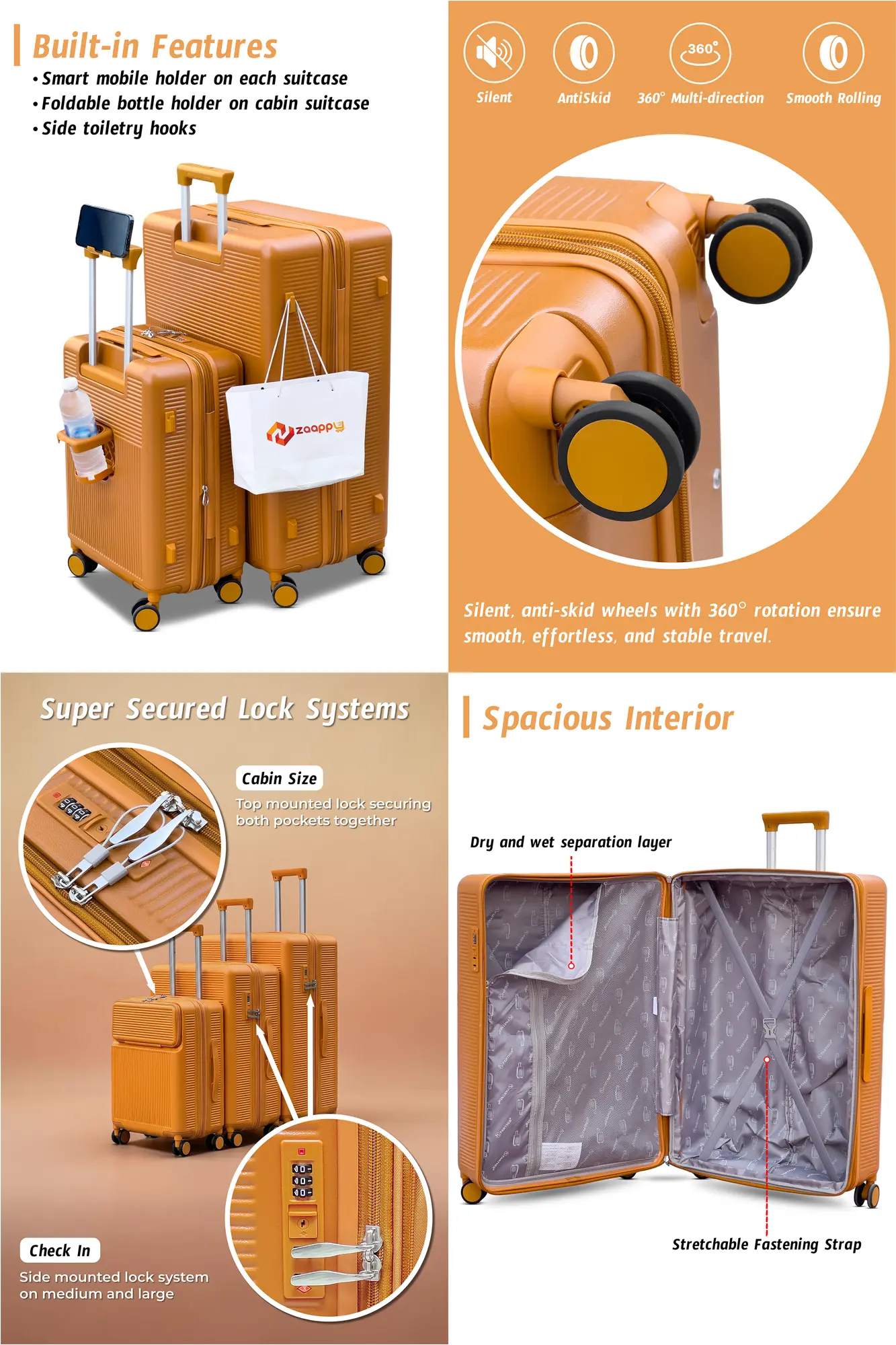 Monarch Expandable Lightweight PC 3 Pcs Set (20/24/28 Inch) Luggage Bags with Smooth Spinner Wheels
