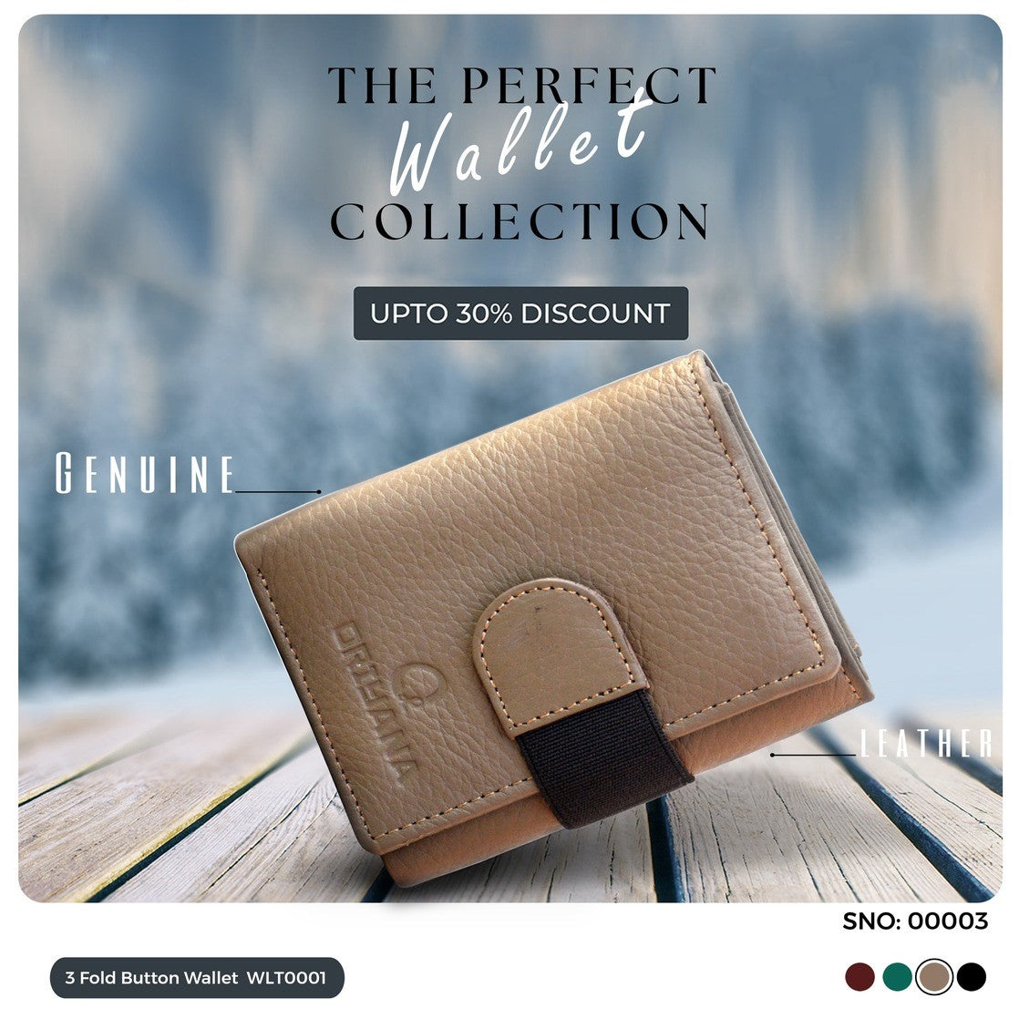 Men's Genuine Leather Wallet | 3 Fold Button Wallet WLT0001