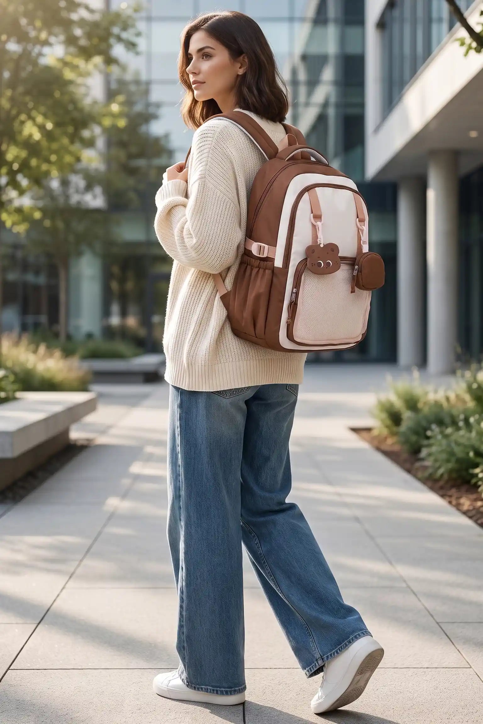17 Inch Cute Mocha Duo School Outdoor Lightweight Backpack With Favorite Anime Badges Attached