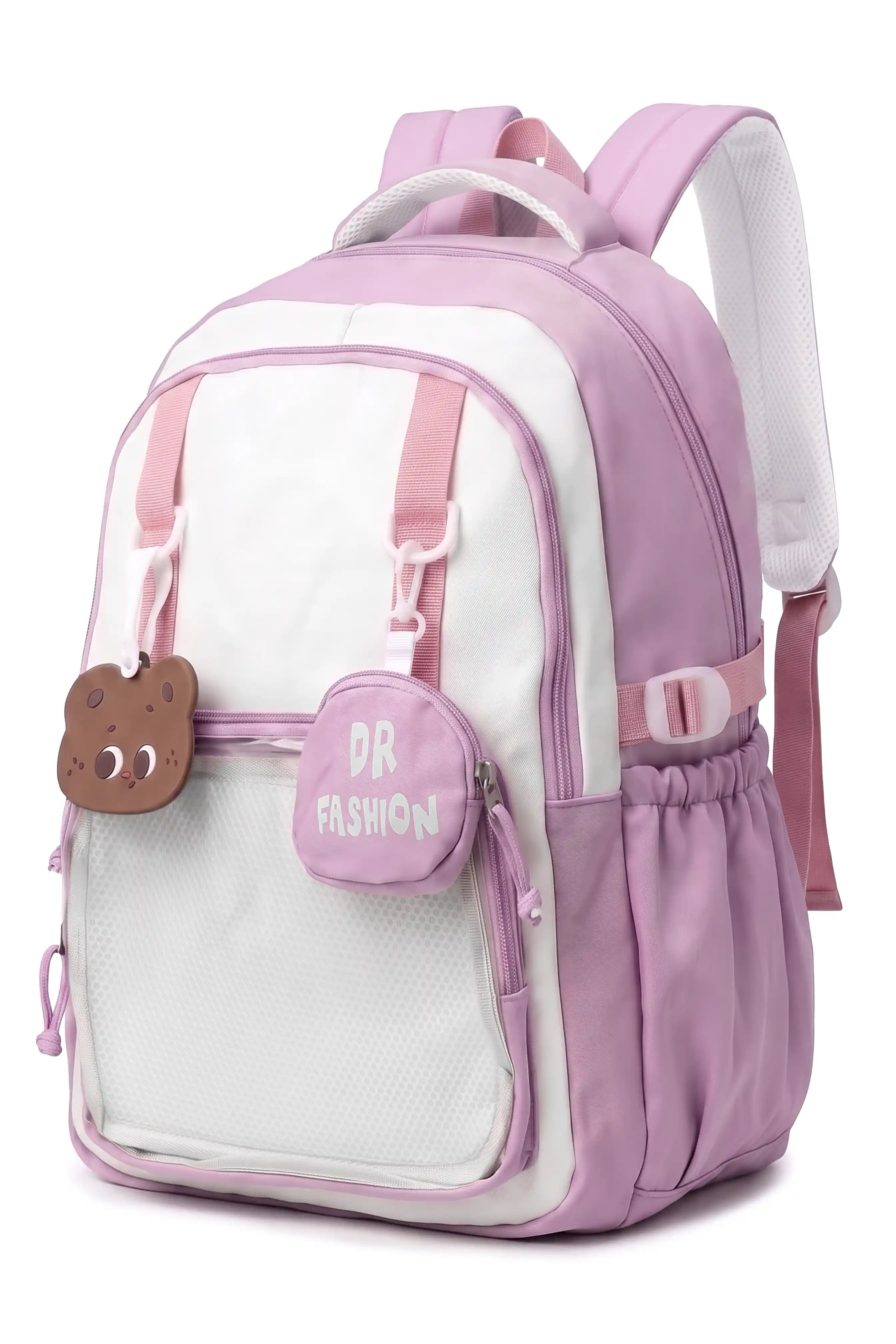 17 Inch Cute Mocha Duo School Outdoor Lightweight Backpack With Favorite Anime Badges Attached