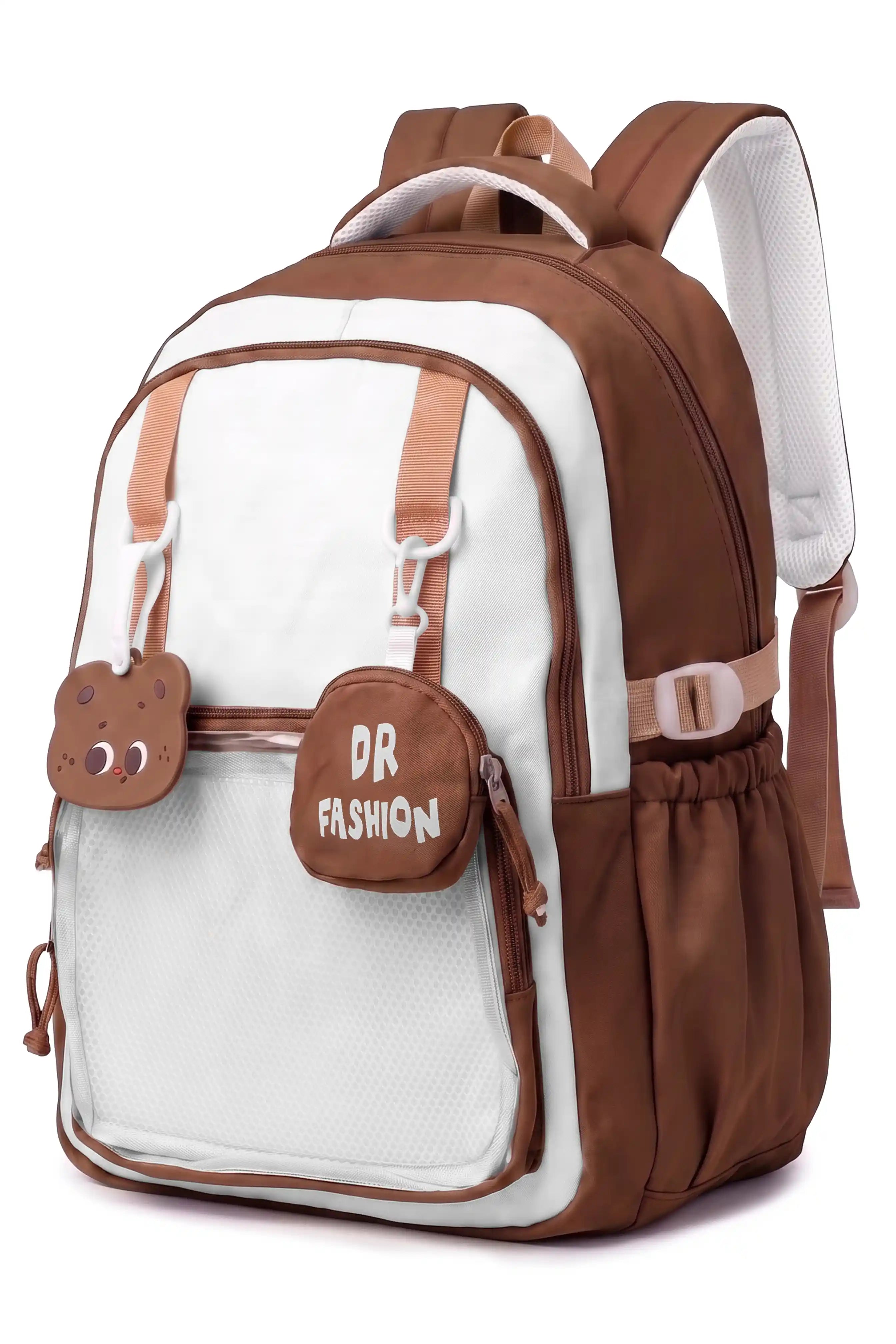 17 Inch Cute Mocha Duo School Outdoor Lightweight Backpack With Favorite Anime Badges Attached