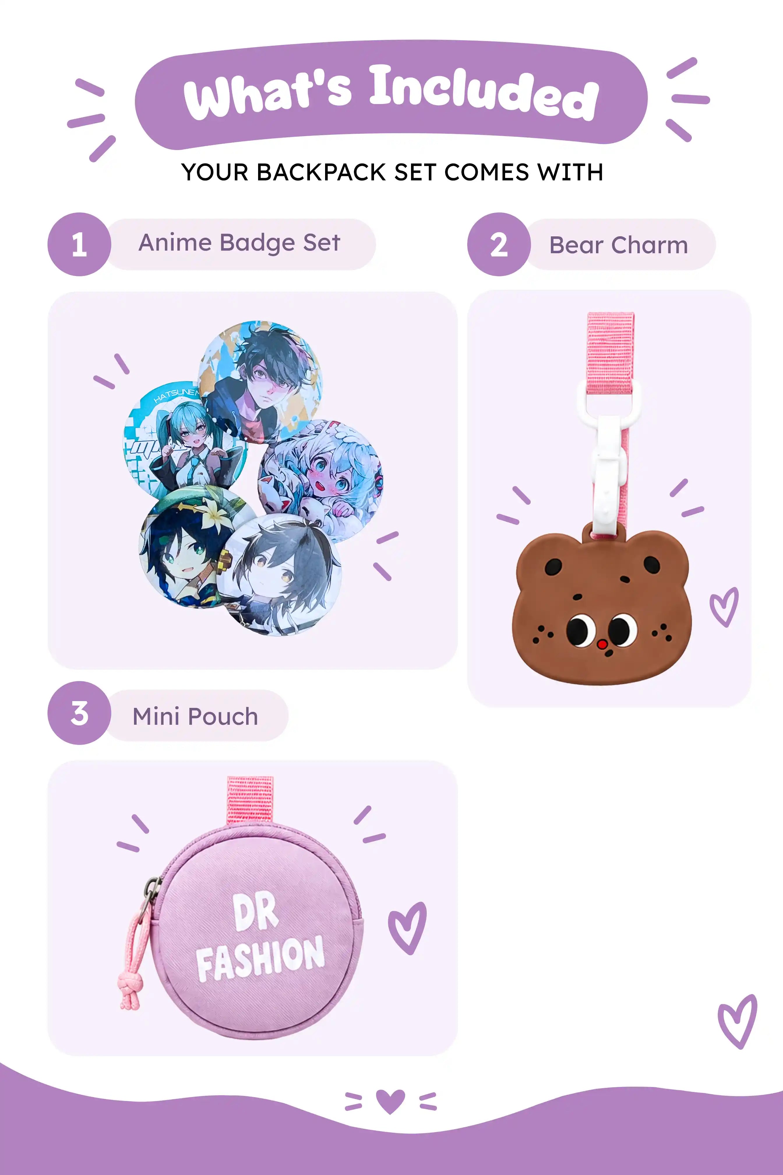 17 Inch Cute Mocha Duo School Outdoor Lightweight Backpack With Favorite Anime Badges Attached